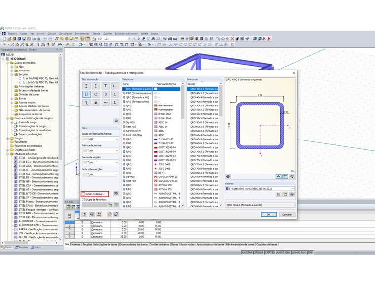 Seleção de secção – Configurações padrão