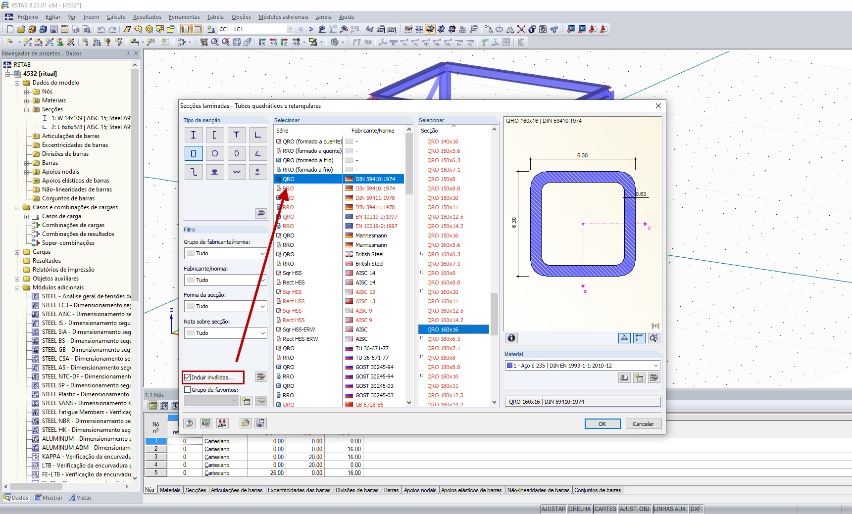 Seleção de secção – Incluir normas inválidas