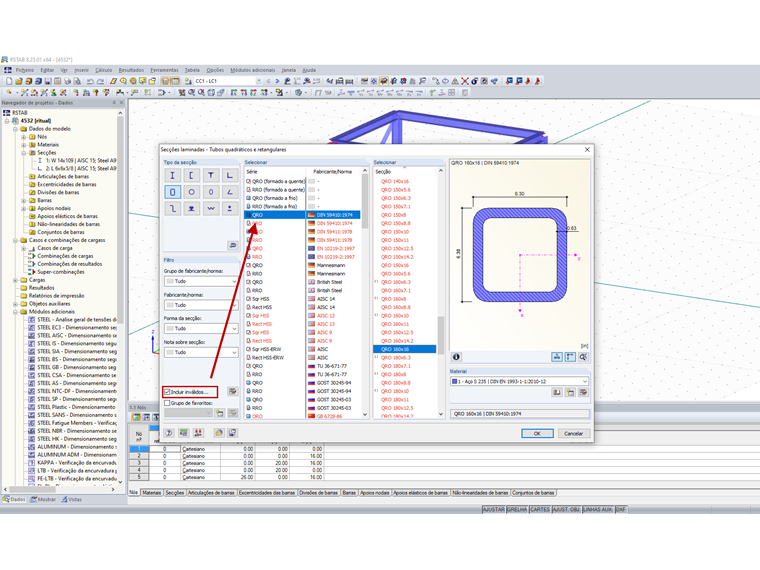 Seleção de secção – Incluir normas inválidas