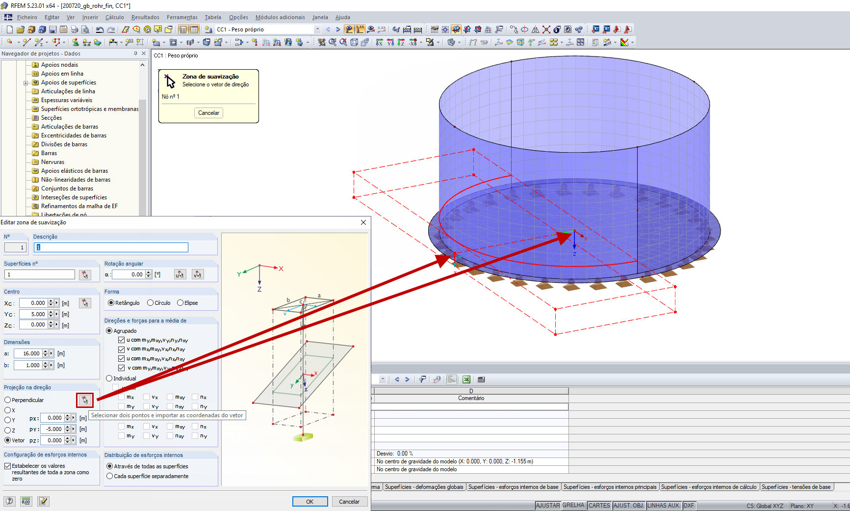 Zona de suavização – Definição do vetor