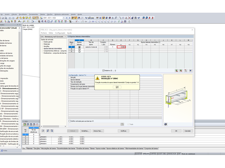 Posição incorreta do apoio lateral intermédio para o método da barra equivalente