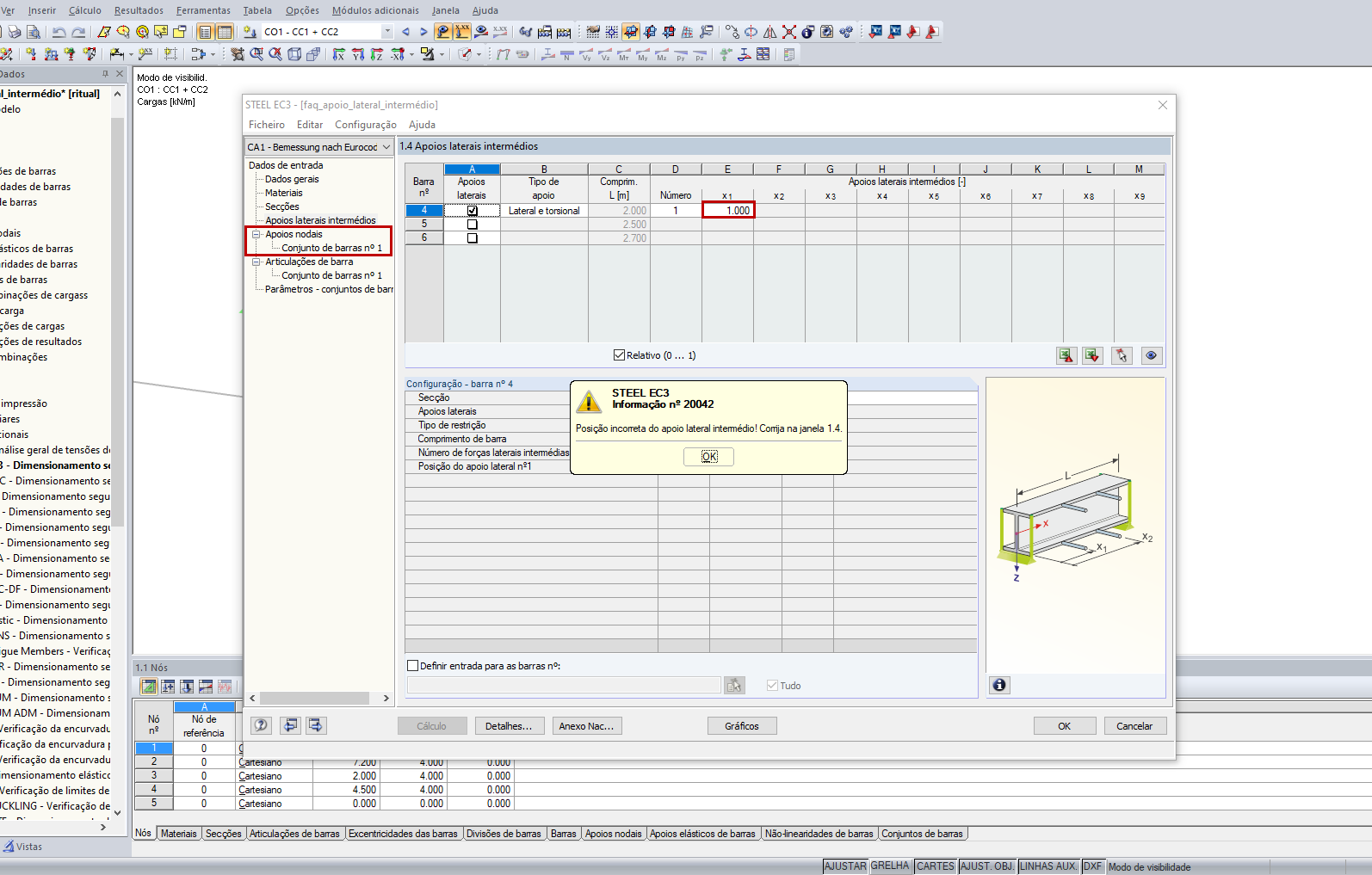 Entrada incorreta do apoio lateral intermédio para a entrada dos apoios nodais