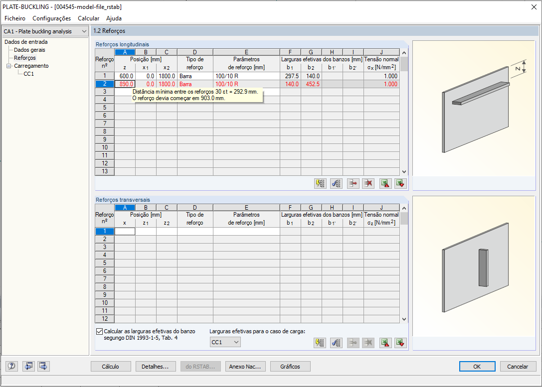 Posição proposta para o reforço