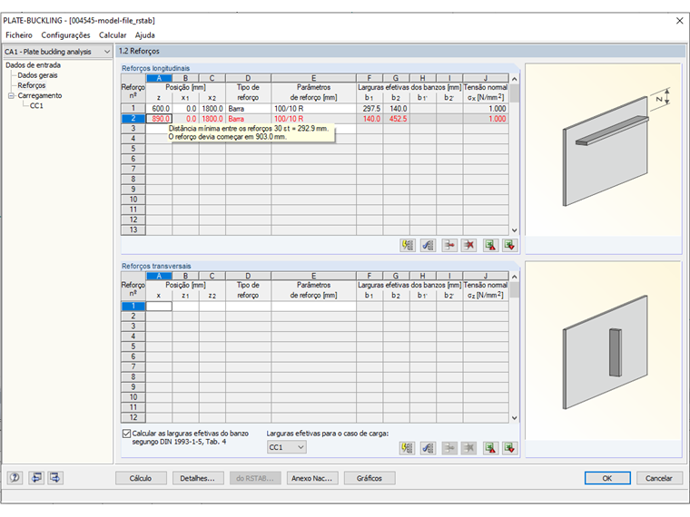 Posição proposta para o reforço