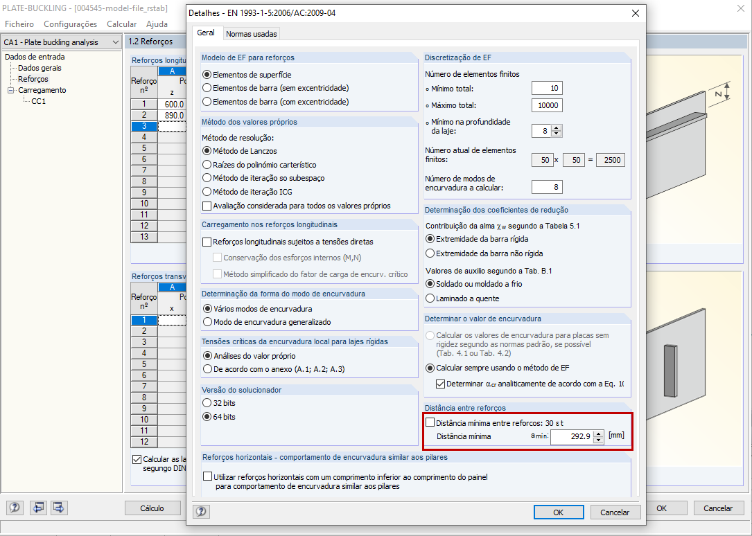 Desativação da opção "Distância mínima entre reforços"