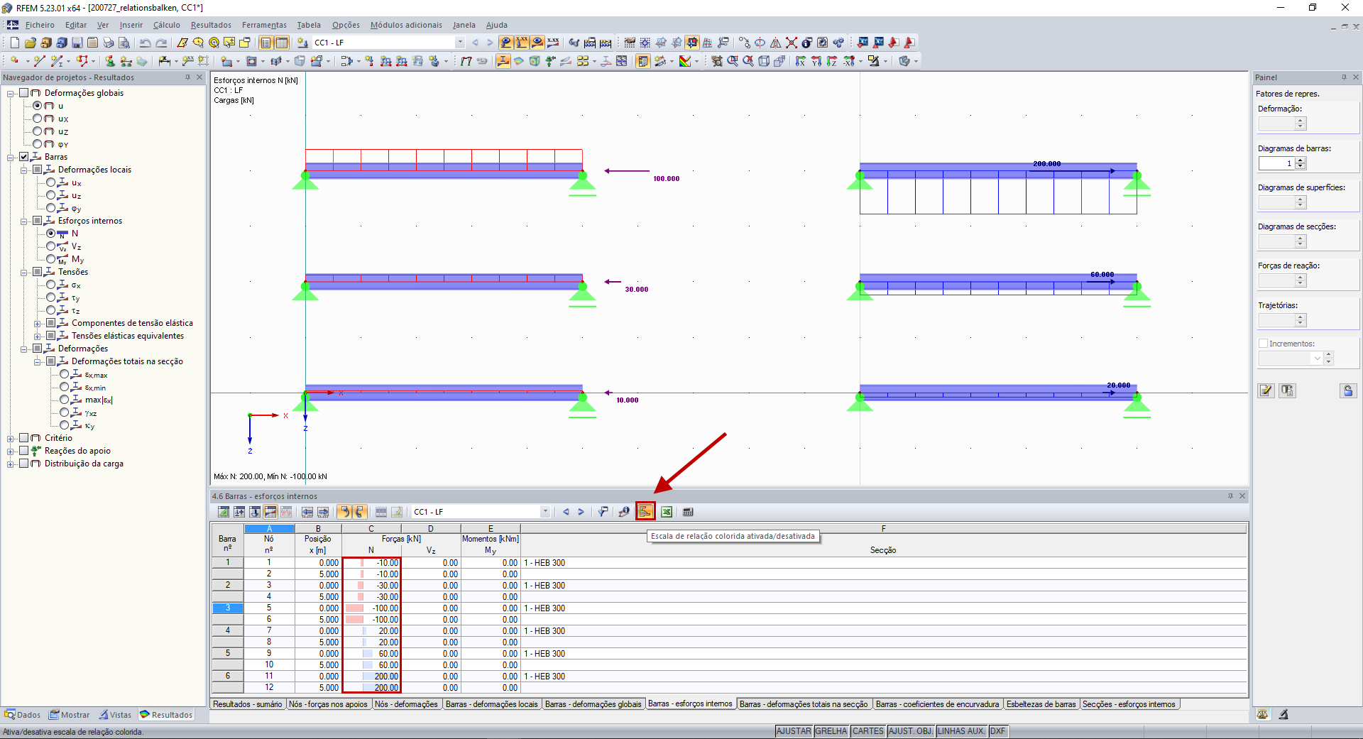 Tabela "Barras – esforços internos" com escala de relação colorida