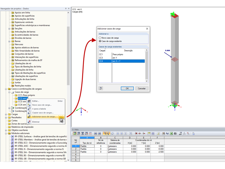 Clique com o botão direito do rato no caso de carga existente e selecione "Adicionar casos de carga"