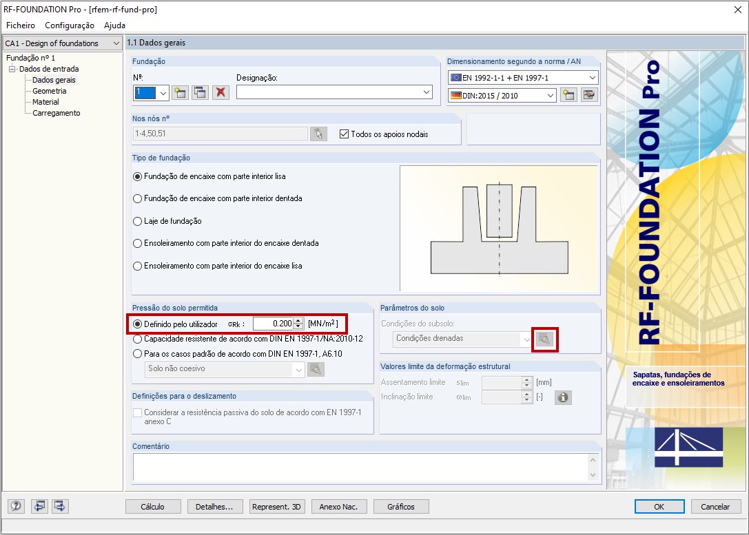 Especificação direta da pressão do solo permitida sem cálculo através de fórmulas de acordo com EN 1997-1, Anexo D