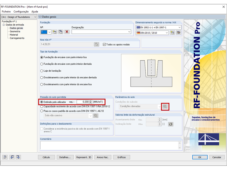 Especificação direta da pressão do solo permitida sem cálculo através de fórmulas de acordo com EN 1997-1, Anexo D
