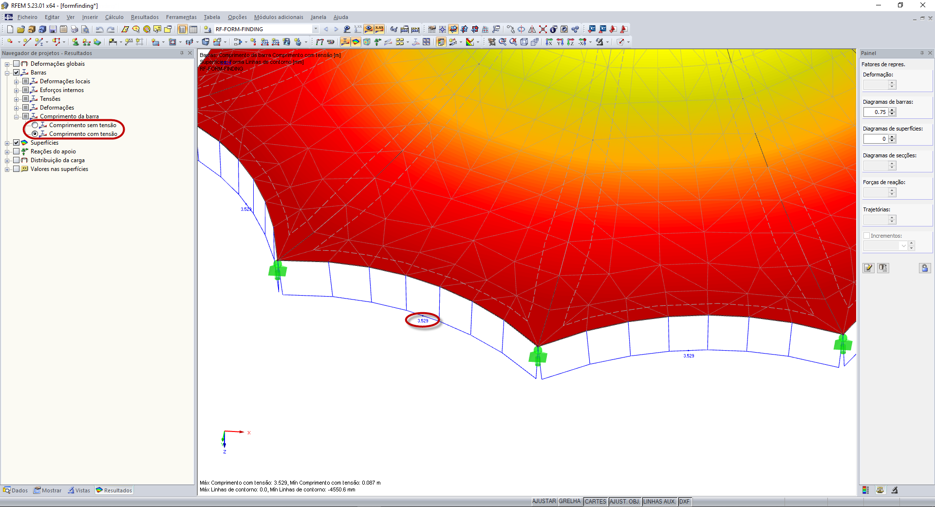 Resultado do comprimento da barra após a determinação do Form-Finding