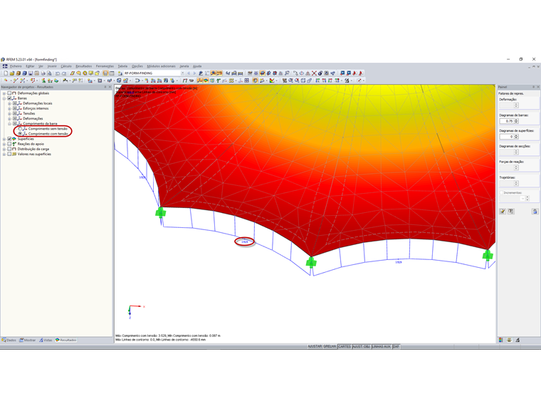 Resultado do comprimento da barra após a determinação do Form-Finding