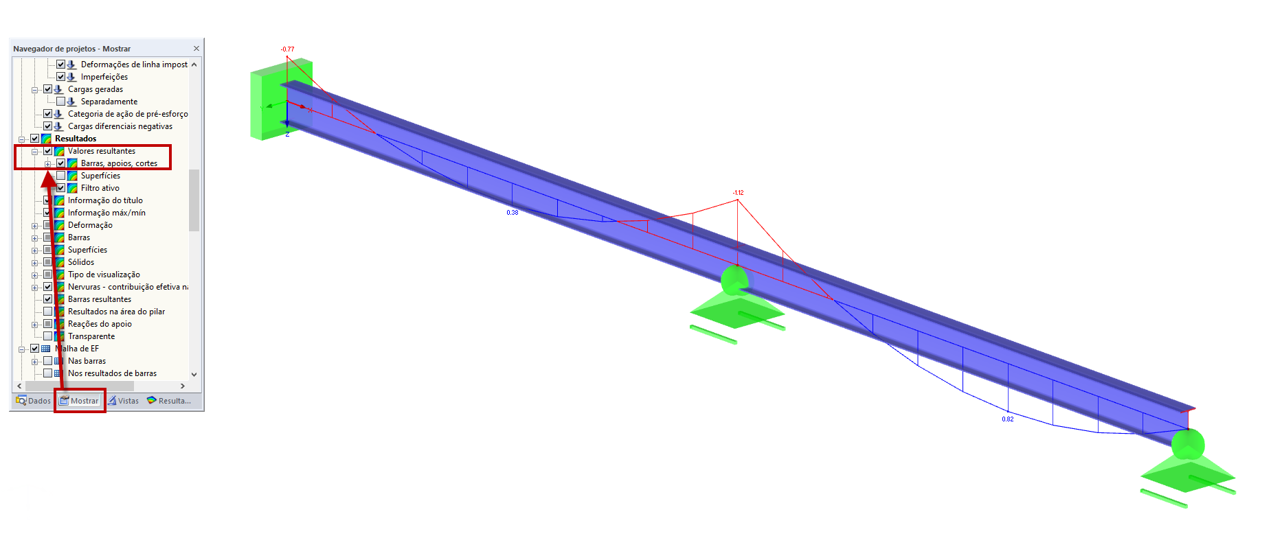 Valores resultantes no Navegador de projetos – Mostrar