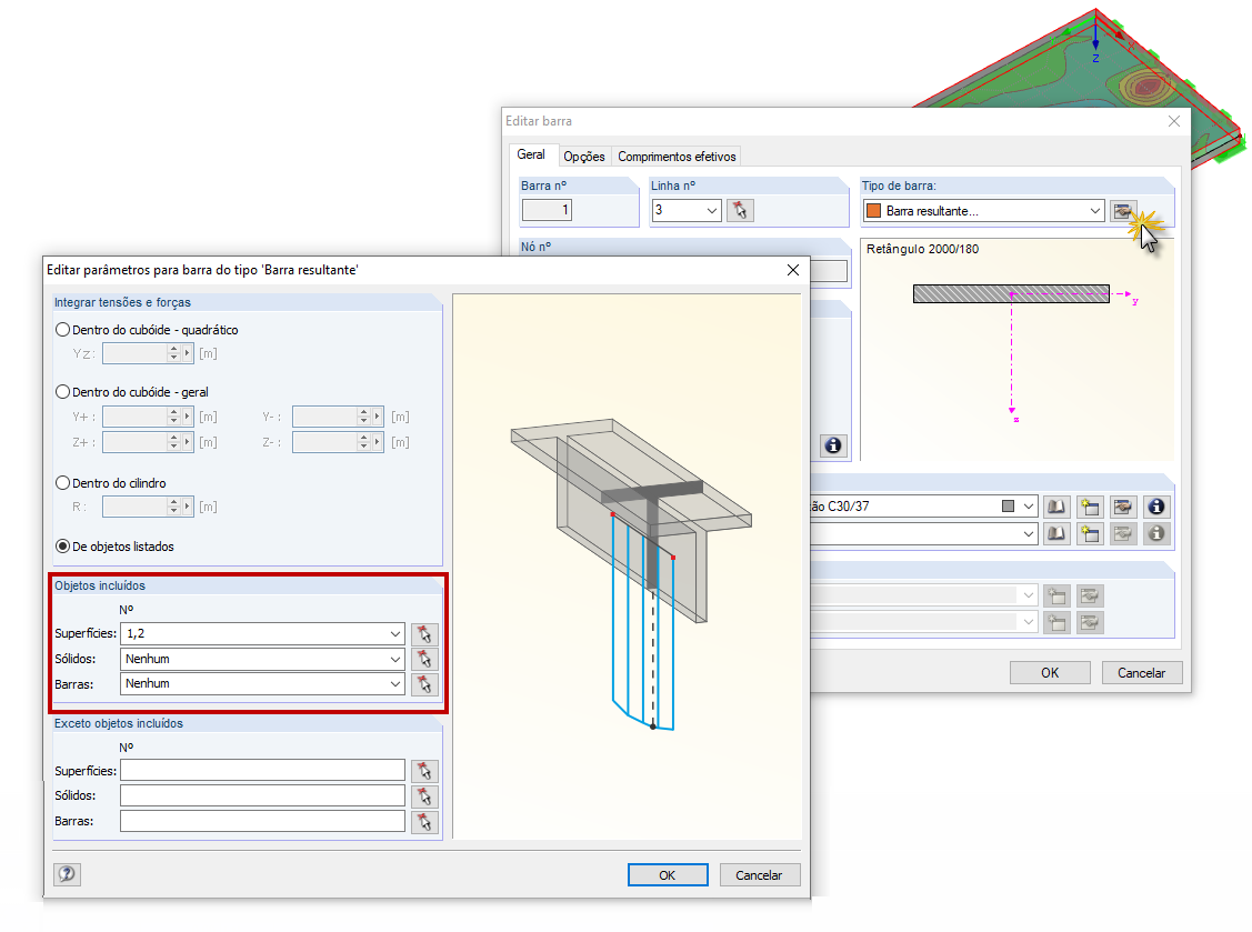 Configuração dos objetos incluídos na barra resultante