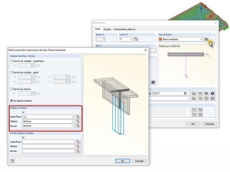 Configuração dos objetos incluídos na barra resultante
