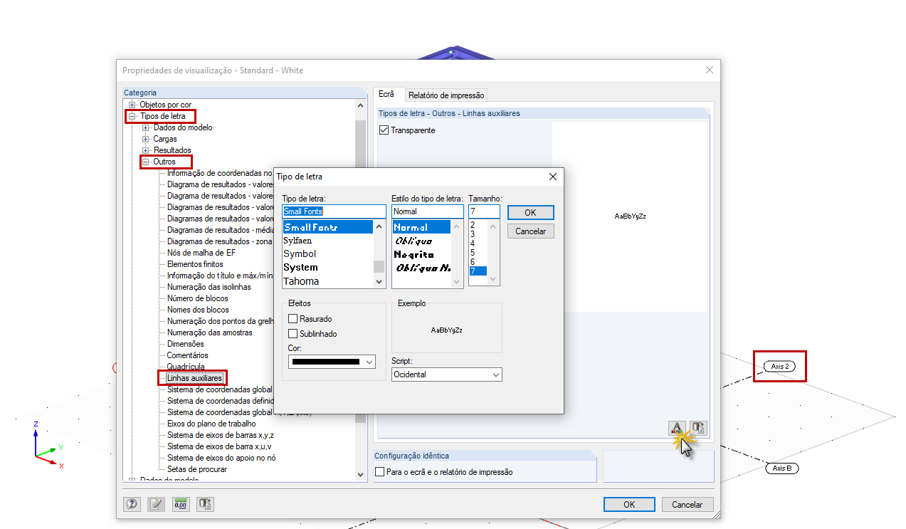 Propriedades de visualização para o tipo de letra das linhas auxiliares