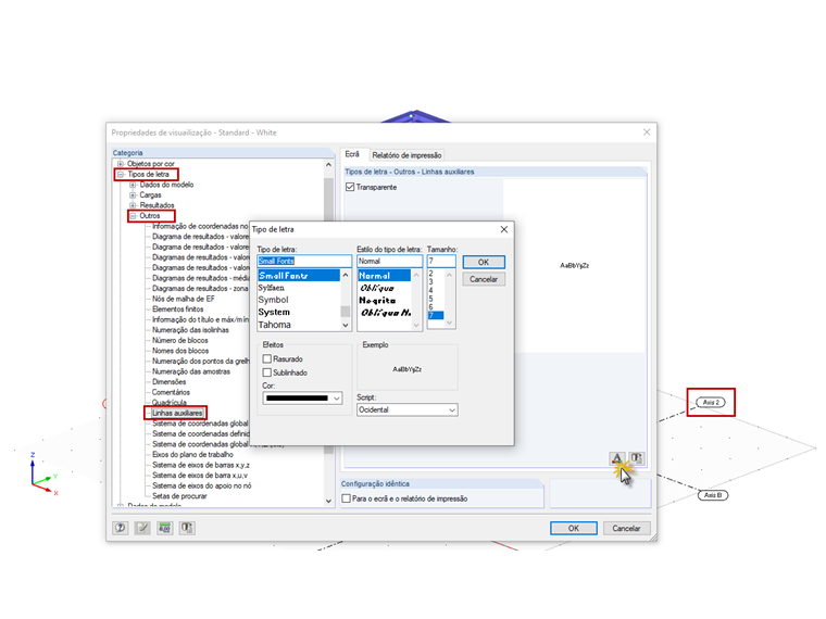 Propriedades de visualização para o tipo de letra das linhas auxiliares