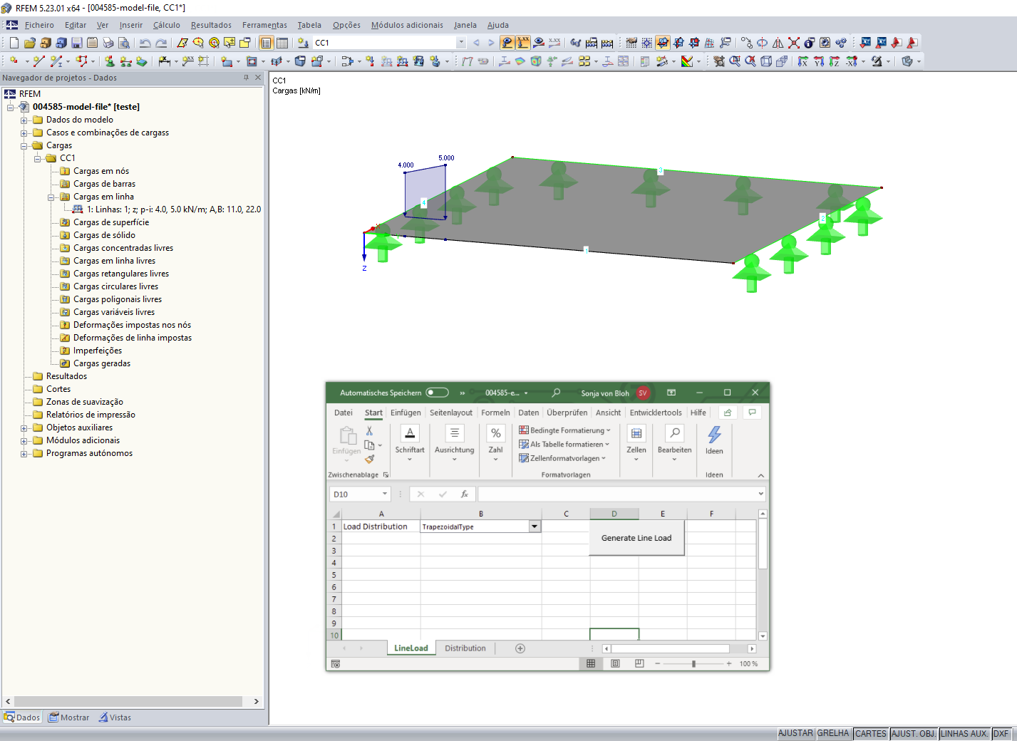 Carga em linha trapezoidal gerada com macro