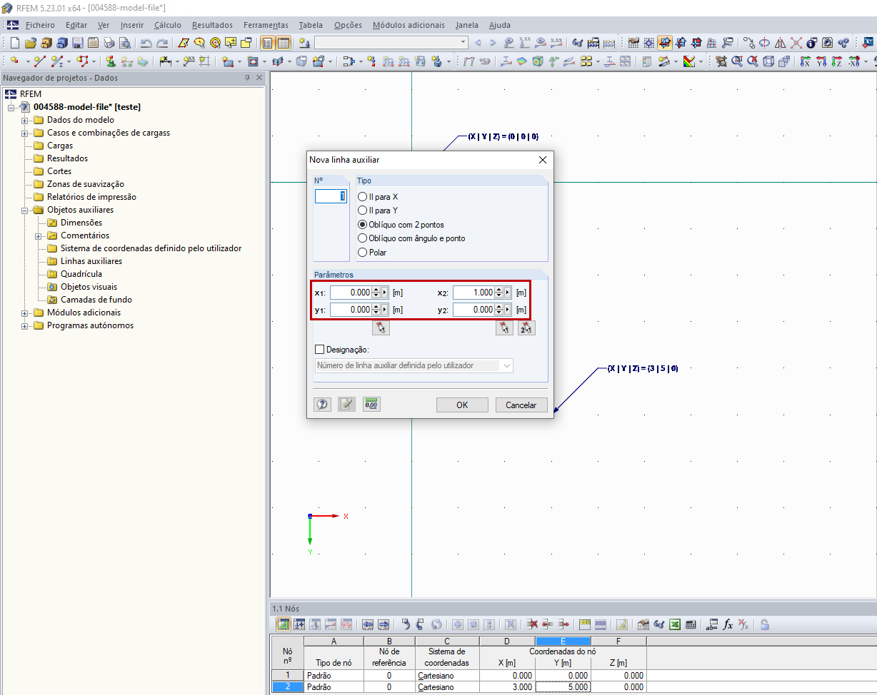 Coordenadas da linha auxiliar (marcadas em vermelho)