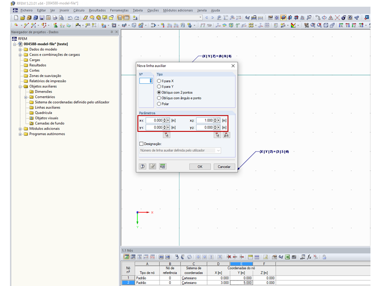 Coordenadas da linha auxiliar (marcadas em vermelho)