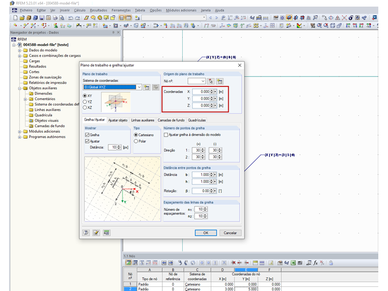 Ponto zero do plano de trabalho (marcado em vermelho)