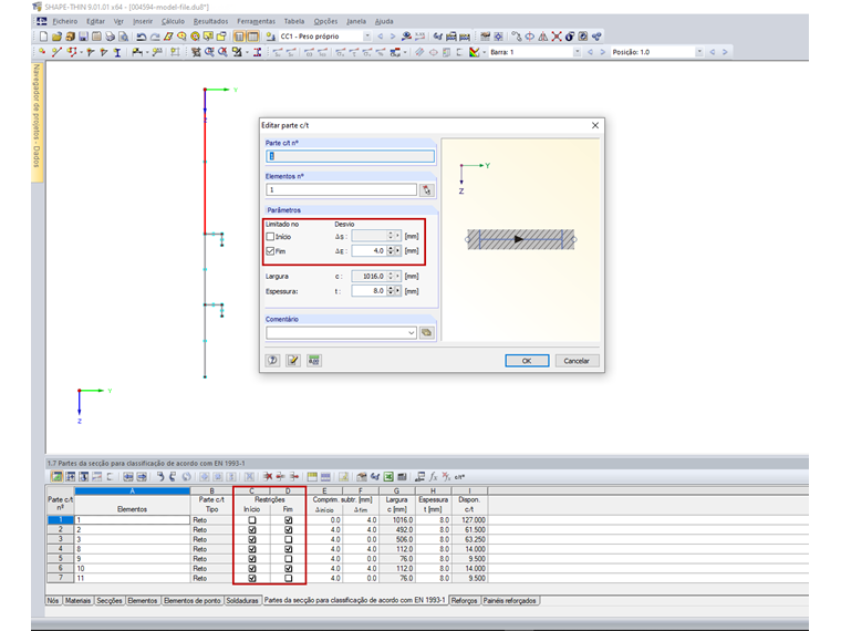 Restrição na caixa de diálogo e na tabela (marcadas a vermelho)