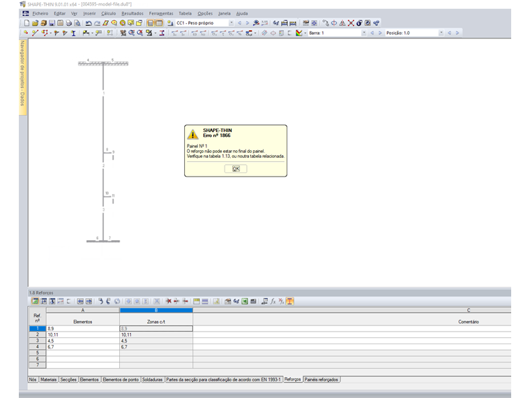 Mensagem de erro "O reforço não pode estar no final do painel"