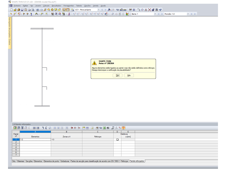 Mensagem de erro "Alguns elementos estão ligados ao painel, mas não estão definidos como reforços".