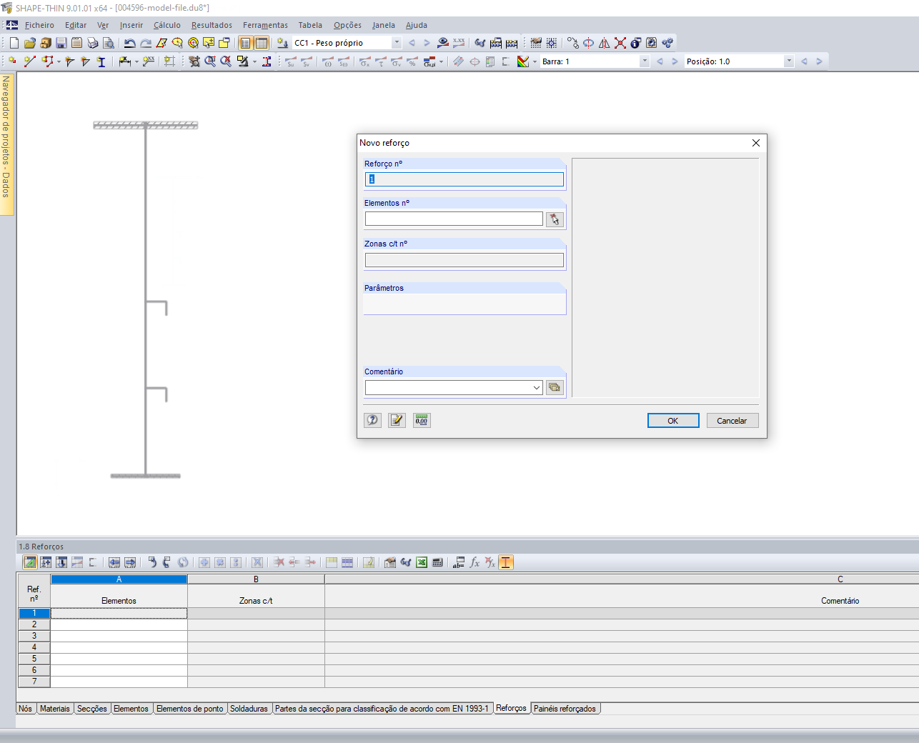 Introdução de reforços na caixa de diálogo e na tabela
