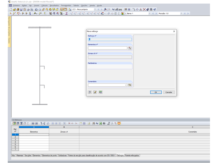 Introdução de reforços na caixa de diálogo e na tabela