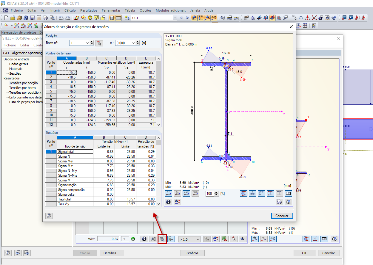 valores da secção e diagrama de tensões