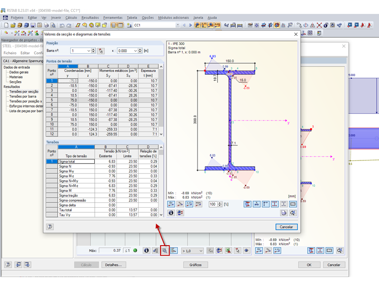 valores da secção e diagrama de tensões