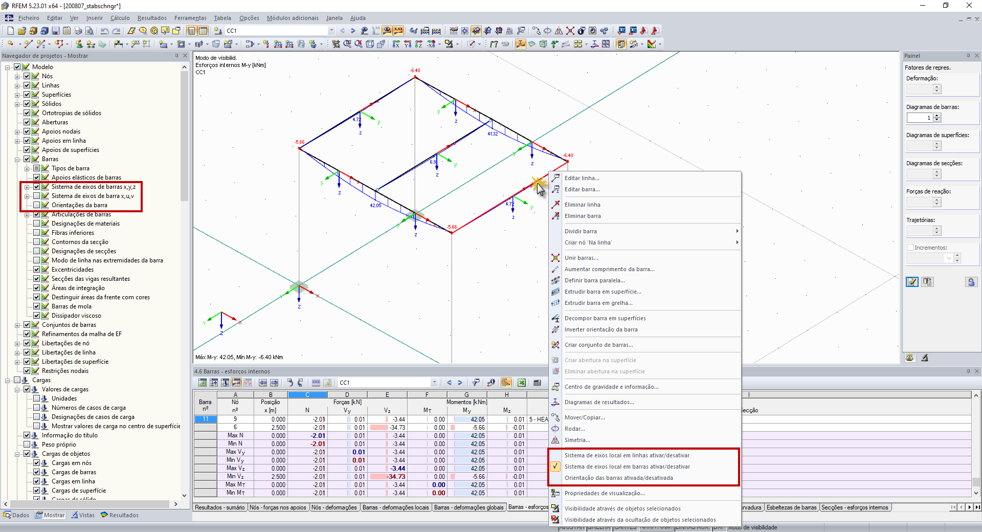 Ativação dos sistemas de eixos local em barras