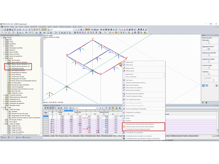 Ativação dos sistemas de eixos local em barras