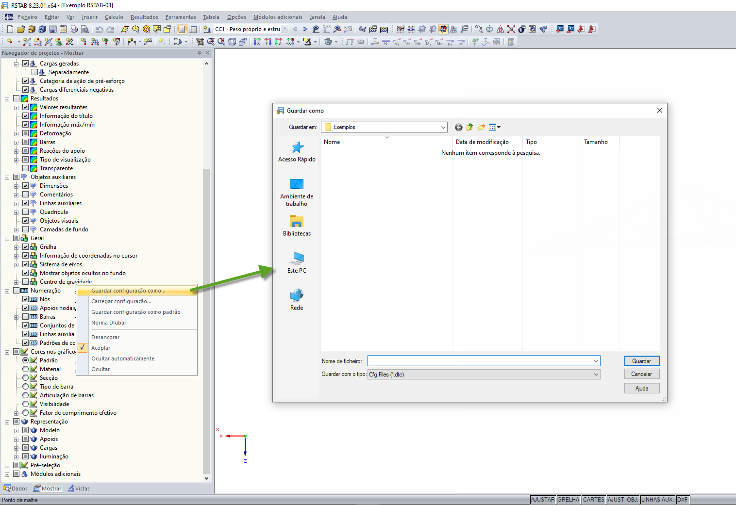Guardar as configurações do Navegador de projetos – Mostrar