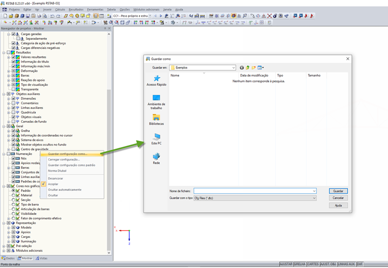 Guardar as configurações do Navegador de projetos – Mostrar
