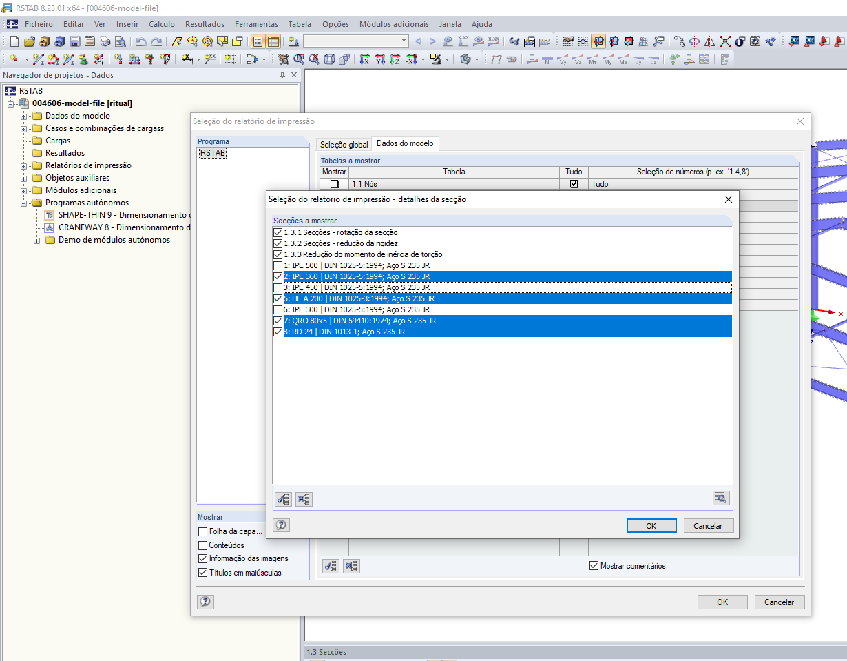 Secções a mostrar (caixa de seleção marcada) e selecionadas (destacadas a azul)