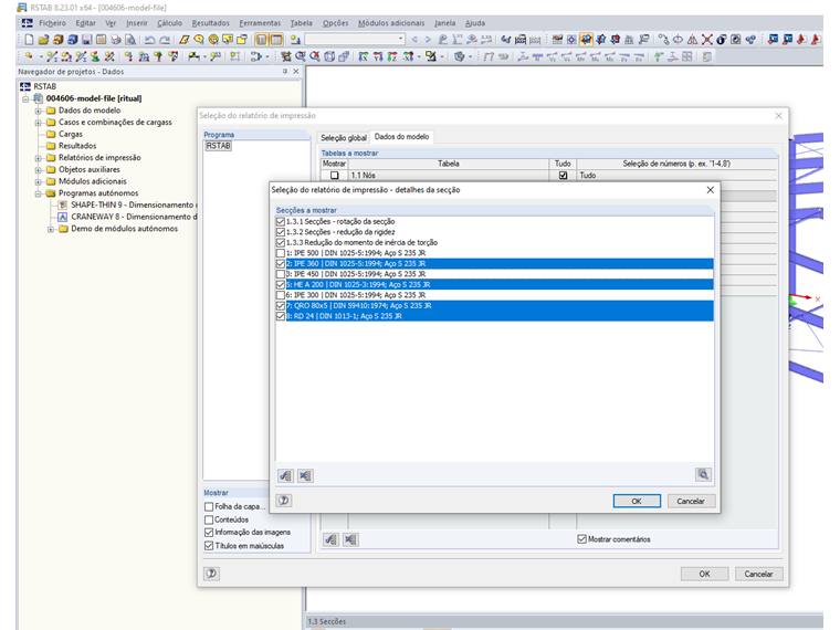 Secções a mostrar (caixa de seleção marcada) e selecionadas (destacadas a azul)