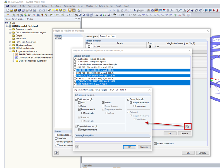 imprimir informação sobre a secção