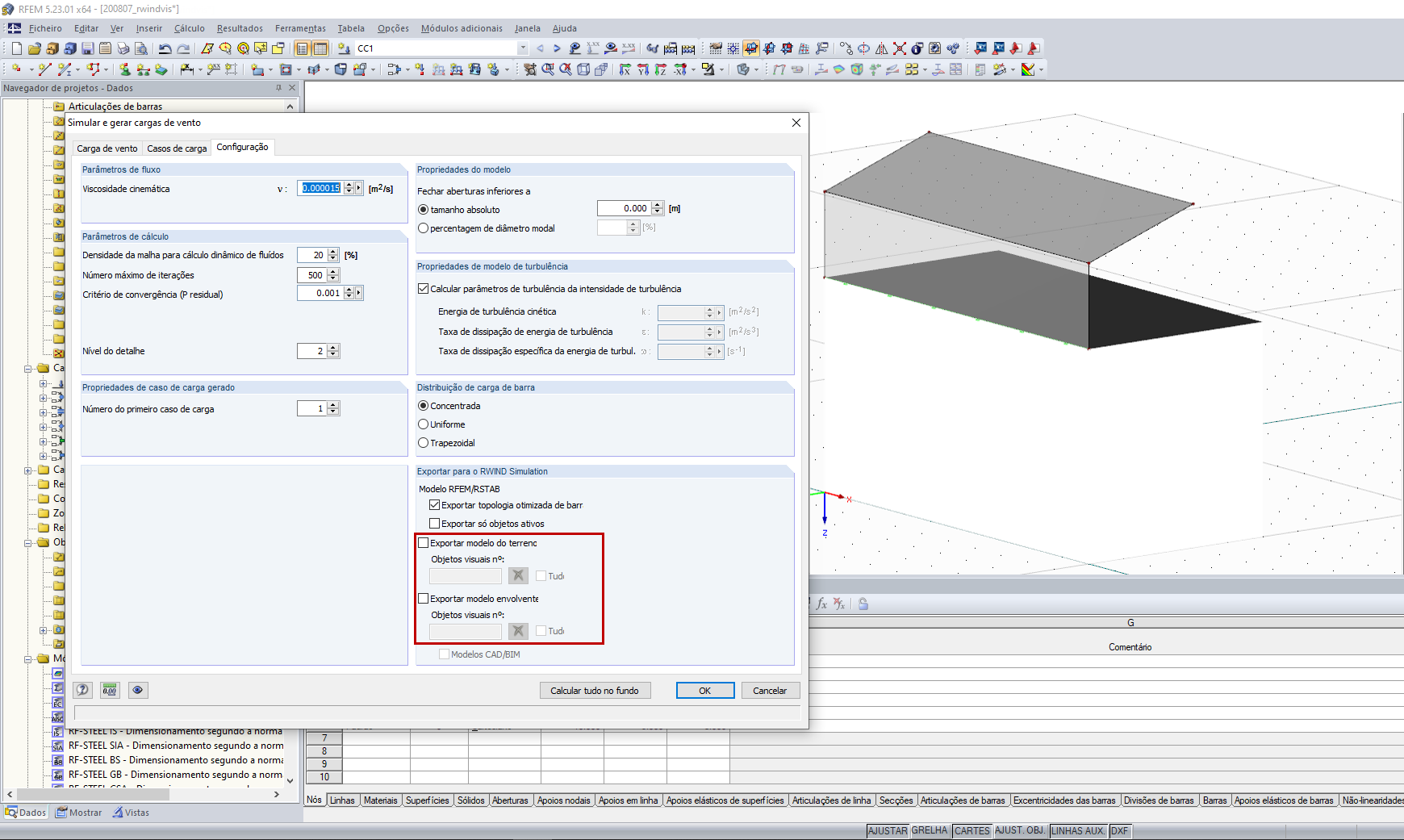 Simular e gerar cargas de vento – Configuração