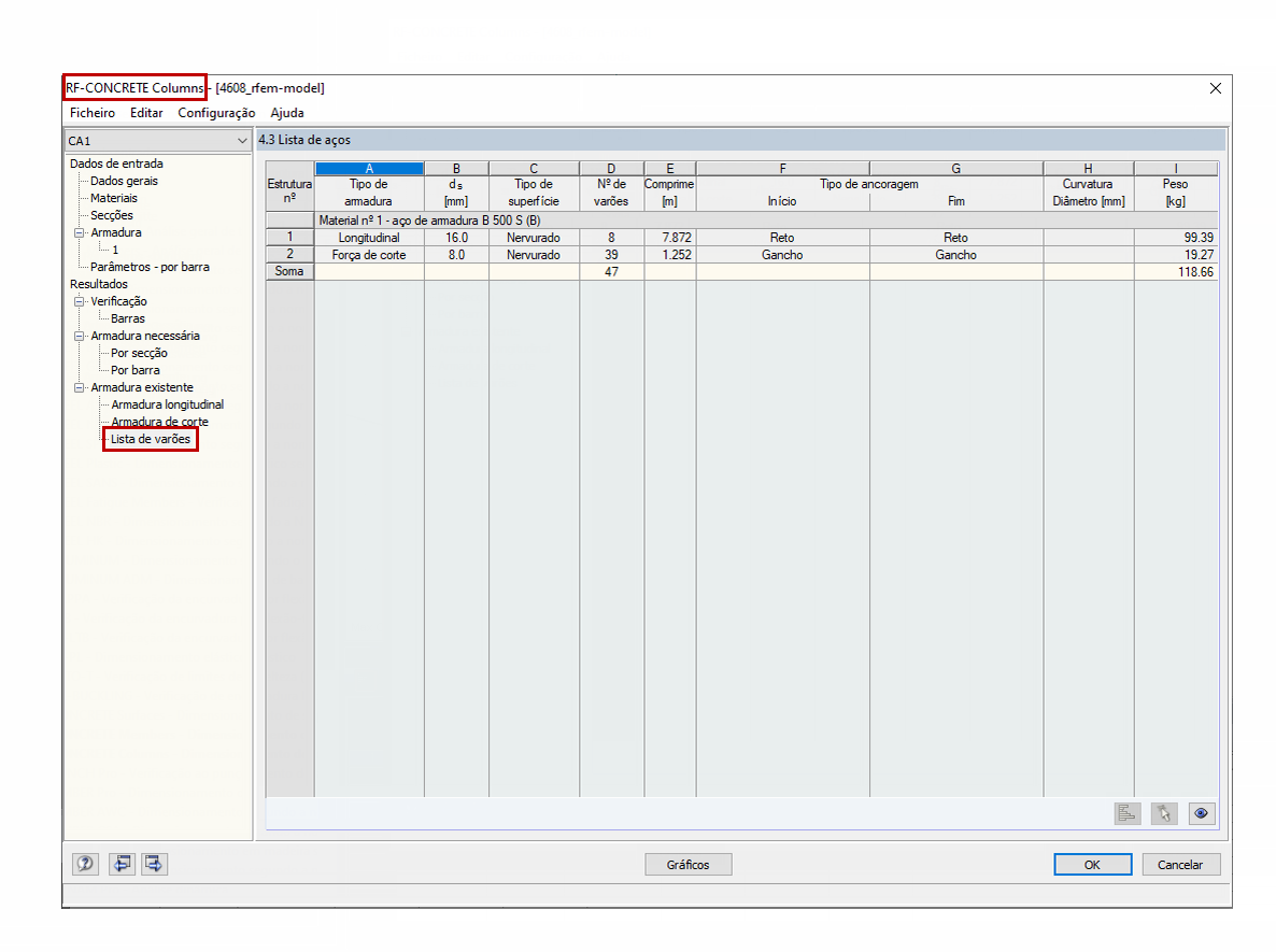 Lista de aços no do RF-CONCRETE Columns