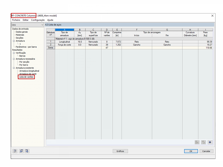 Lista de aços no do RF-CONCRETE Columns