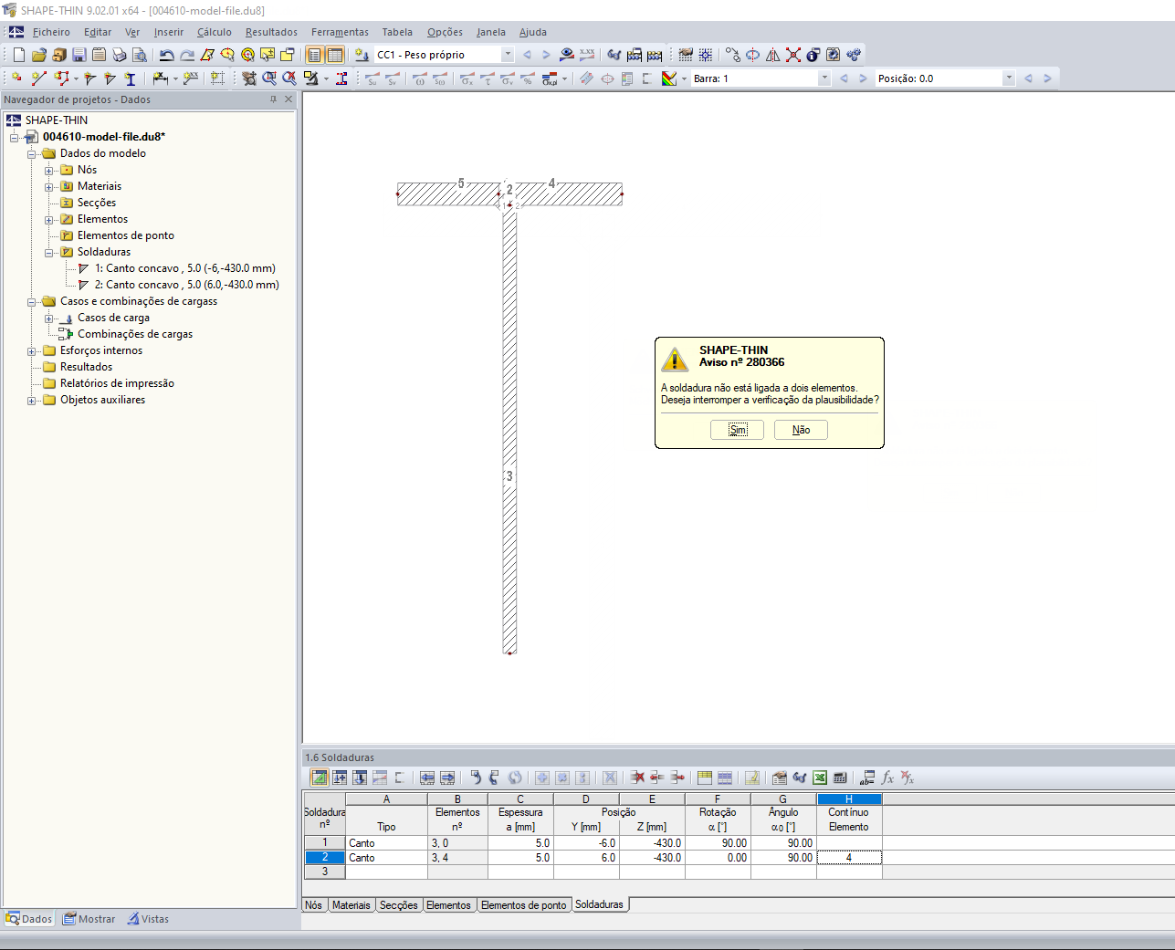 Mensagem de erro "Soldadura não está ligada a dois elementos"