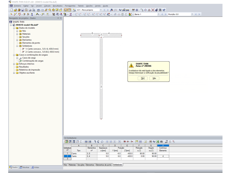 Mensagem de erro "Soldadura não está ligada a dois elementos"