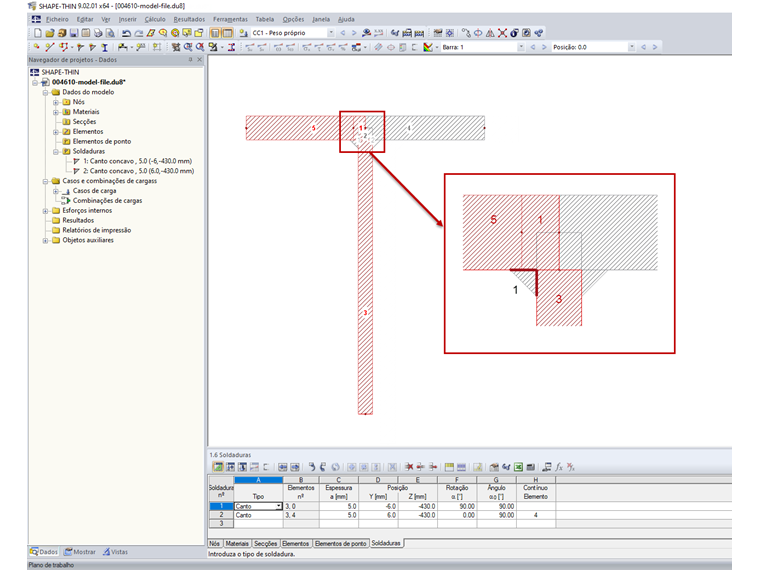 Elementos 1, 3 e 5 ligados à soldadura 1 (marcado em vermelho)