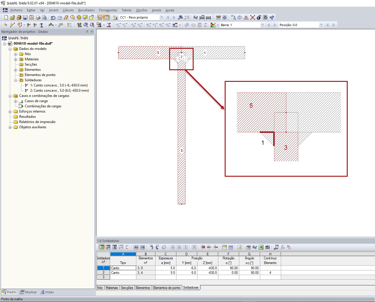 Elementos 3 e 5 ligados à soldadura 1 (marcado em vermelho)