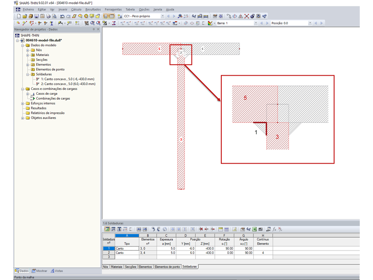 Elementos 3 e 5 ligados à soldadura 1 (marcado em vermelho)