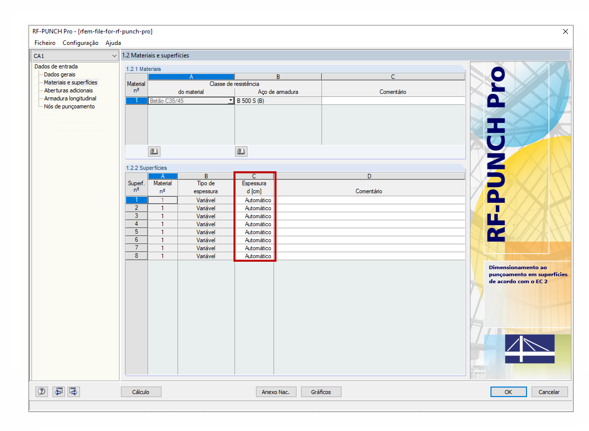 Janela 1.2 Materiais e superfícies no RF-PUNCH Pro com a configuração da espessura da superfície