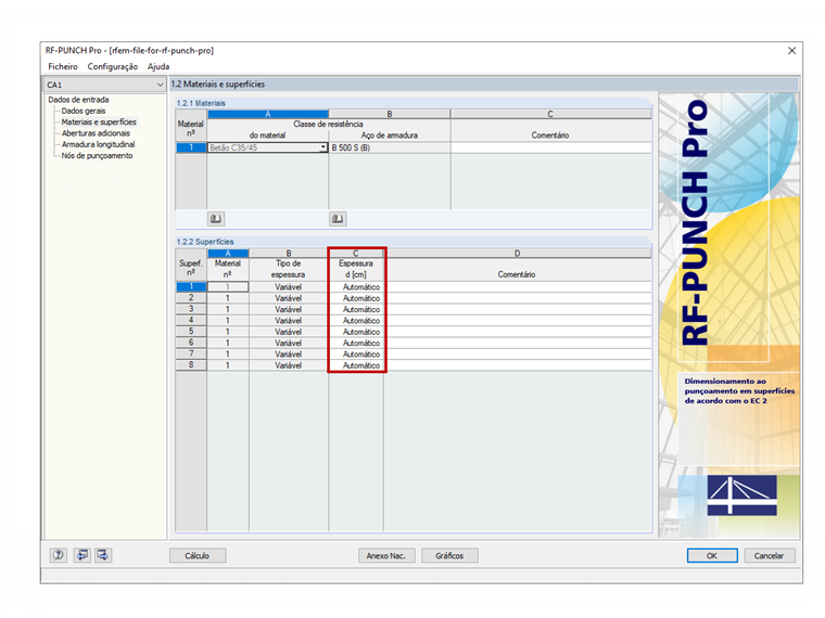 Janela 1.2 Materiais e superfícies no RF-PUNCH Pro com a configuração da espessura da superfície