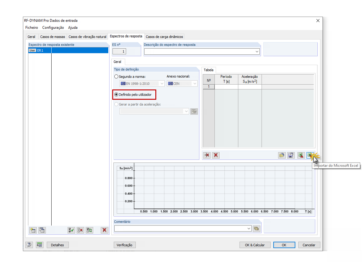 Importação de parâmetros de um espectro de resposta definido pelo utilizador no Excel