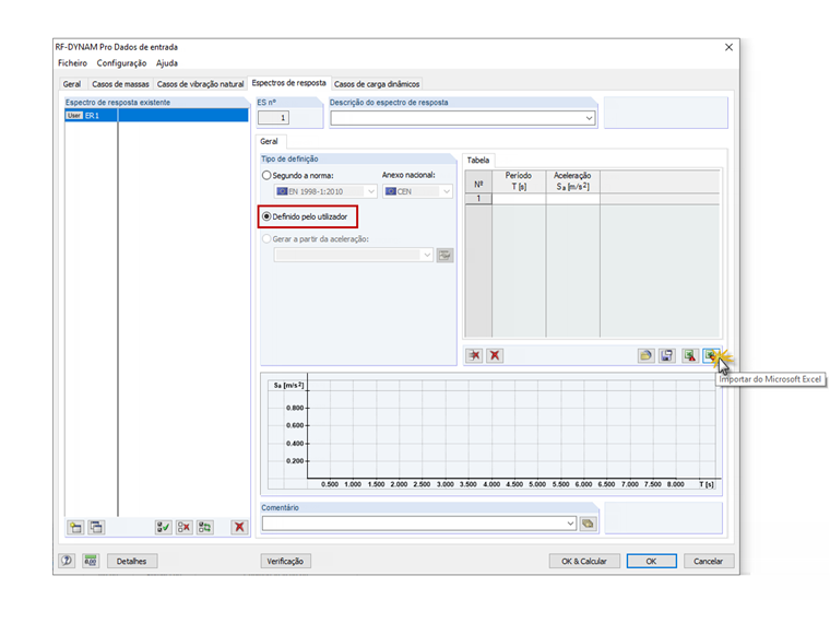 Importação de parâmetros de um espectro de resposta definido pelo utilizador no Excel